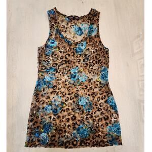 Almost Famous Women's Sheer Lace Leopard Rose Tank Top SZ Large